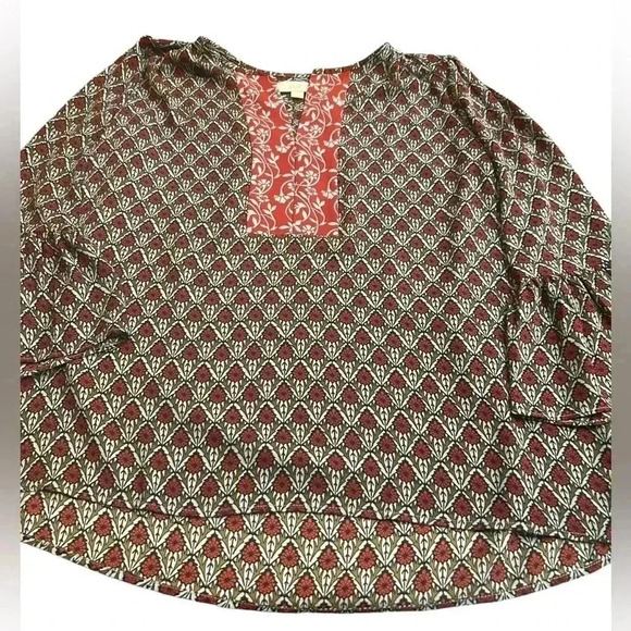 Loft Red and Blue Patterned Quarter  Bell Sleeve Blouse Size S - Picture 3 of 4